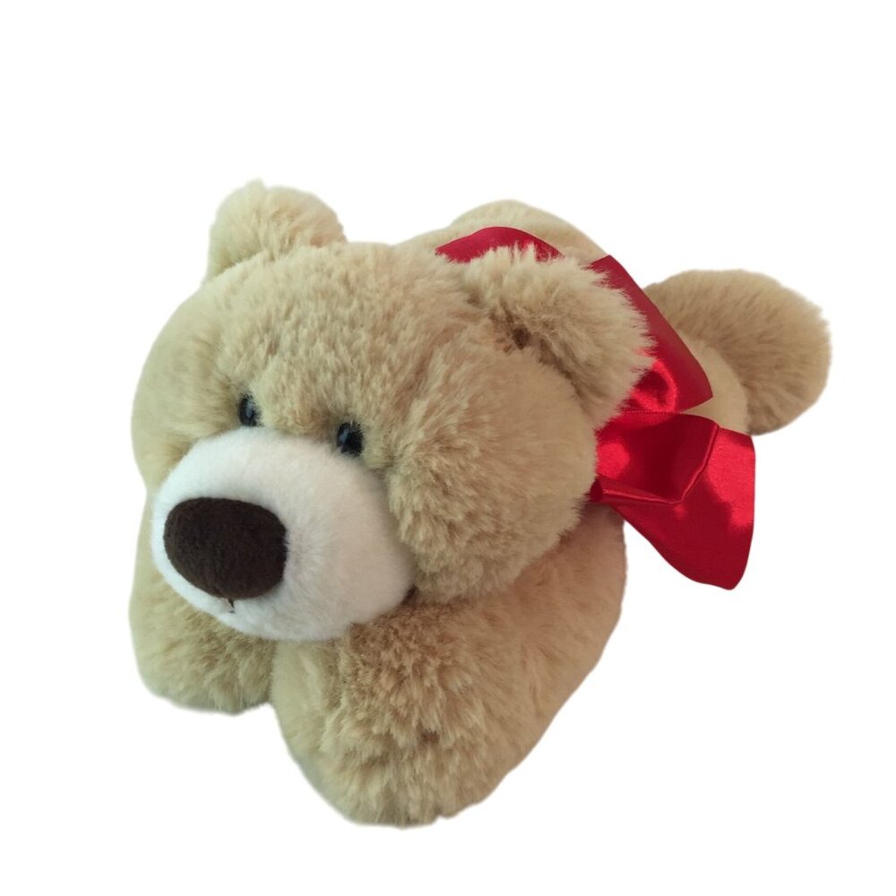 Aurora Hugga Wug Bear Plush 11" Tan Stuffed Animal Toy‎ Red Bow Super Soft RARE